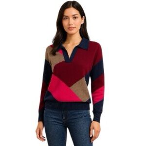 Naadam Colorblock Polo Sweater Silk Cotton Knit Size Large | Geometric Collared